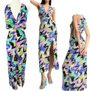 ASOS Halter Neck Cut Out Midi Dress in Bright Multi-Colored Sketch Print Size 10